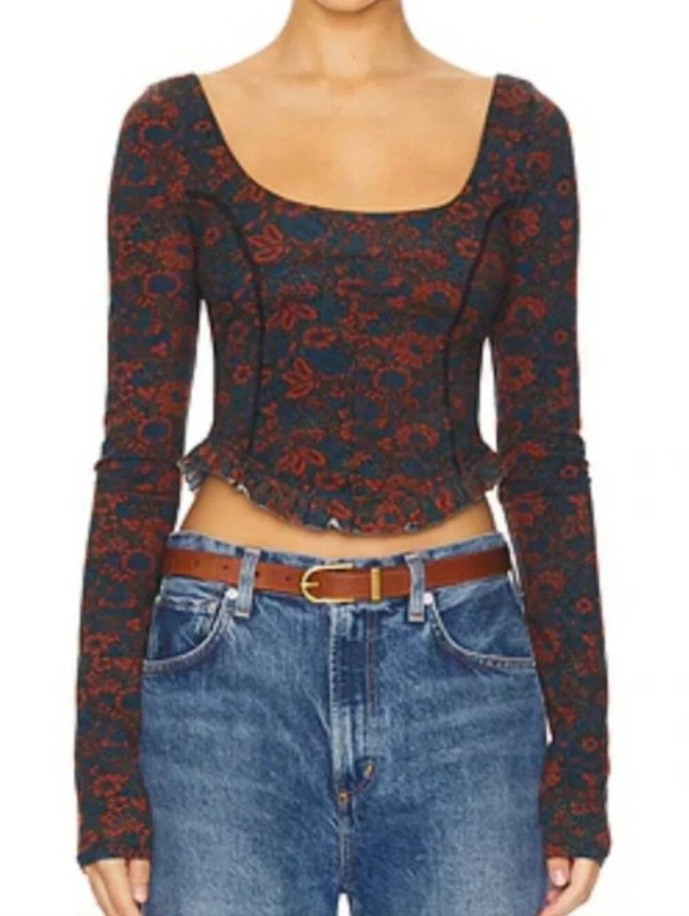 Free People Scoop-Neck Floral corset Style Long-Sleeve Crop Top SMALL
